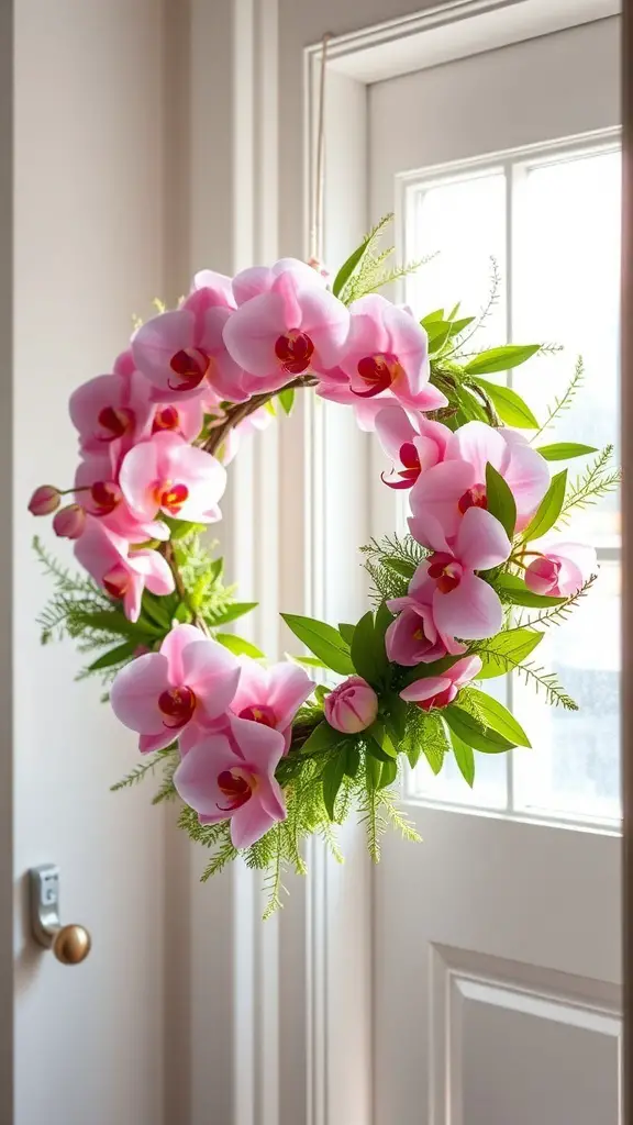 A pink Christmas wreath adorned with delicate pink orchids, hanging in a bright room.