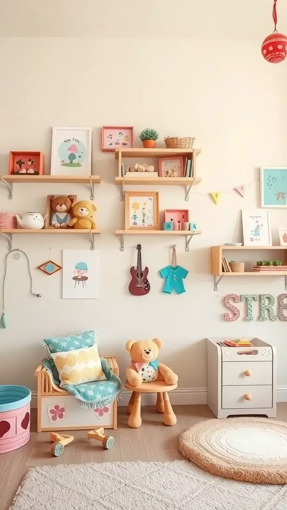 21+ Creative Kids Room Interior Design Ideas for Every Style 15 A colorful kids room with shelves displaying toys and artwork.