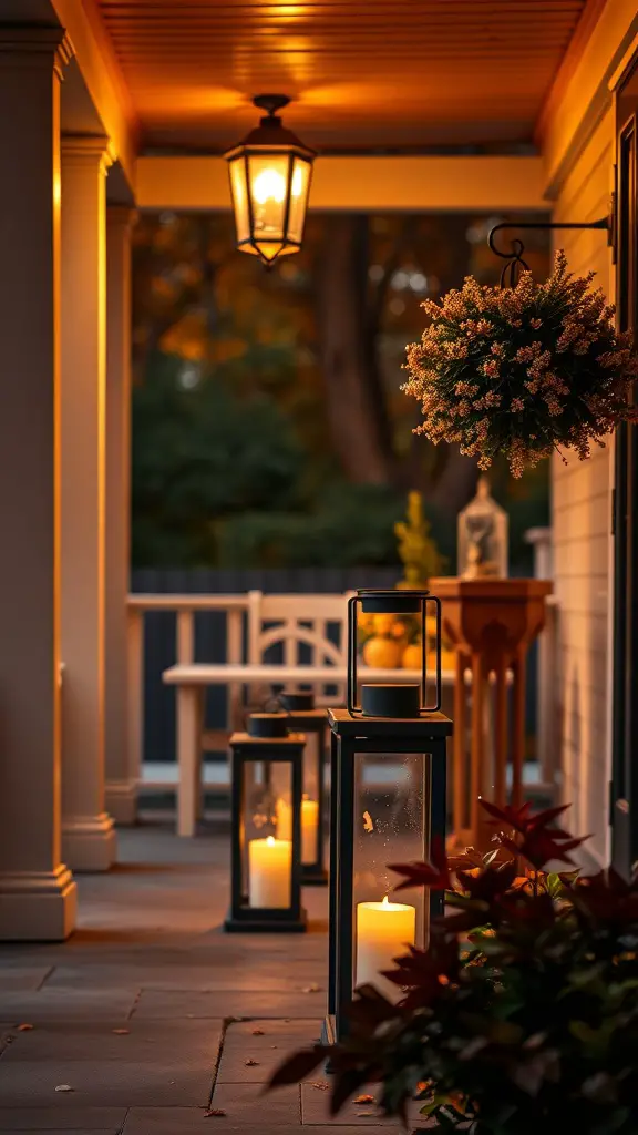 27+ Cozy Fall Porch Decorating Ideas to Try This Season 10 A cozy porch with lanterns and a warm glow from candles, surrounded by autumn decor.