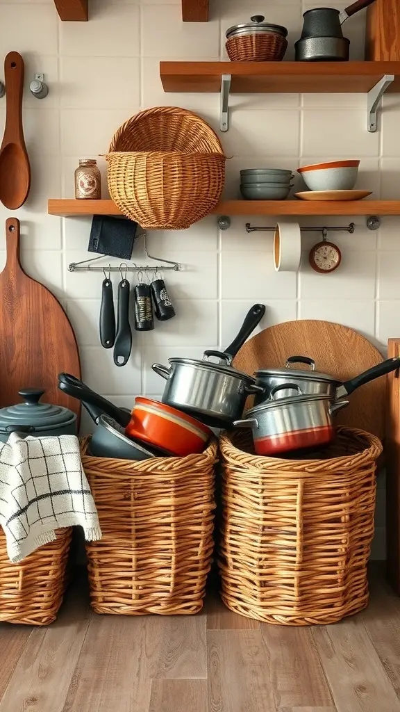 23+ Genius Ways to Organize Your Pots and Pans Storage 9 A cozy kitchen with woven baskets storing pots and pans, showcasing a tidy and organized space.