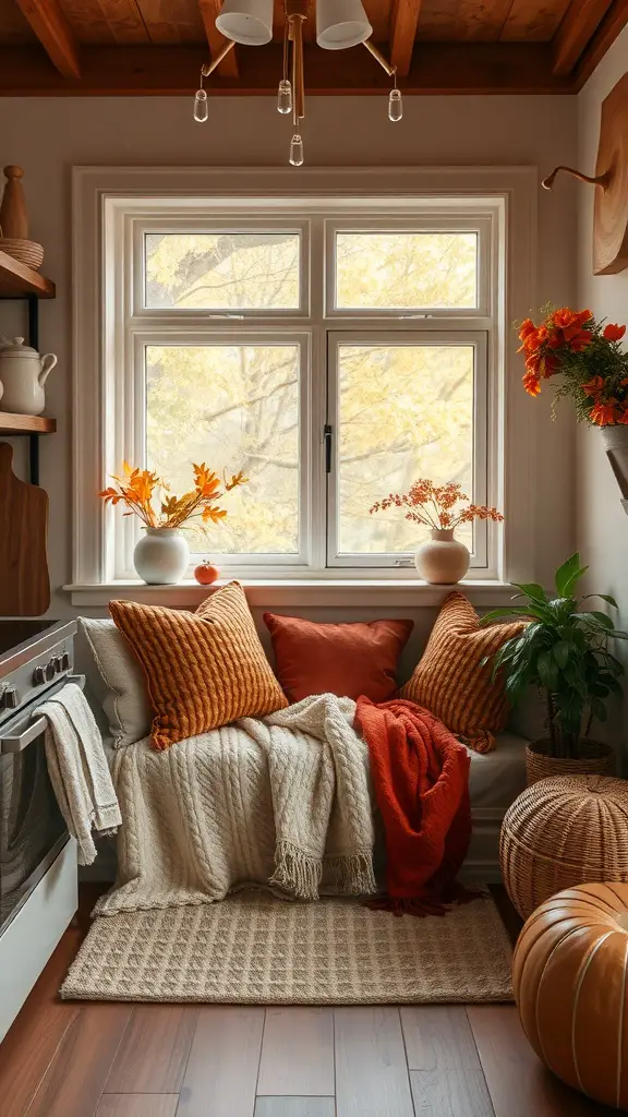 21+ Stunning Fall Kitchen Decor Ideas to Elevate Your Space 5 A cozy kitchen nook with warm throws and cushions, featuring autumn colors and a view of fall foliage outside.