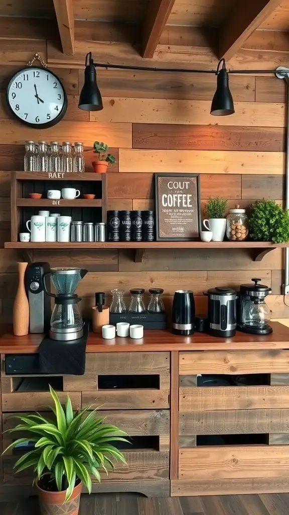 27+ Charming Small Coffee Bar Ideas to Transform Your Space 6 A rustic coffee bar made from wood pallets, featuring shelves with mugs, jars, and a coffee maker.