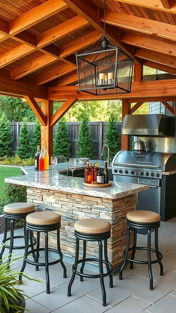 23+ Inspiring Backyard Kitchen Ideas to Elevate Your Outdoor Cooking Experience 4 Backyard kitchen bar area with stone base and seating