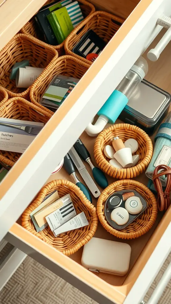 21+ Creative Drawer Organization Ideas for a Clutter-Free Home 5 A neatly organized drawer with various small woven baskets containing different items.