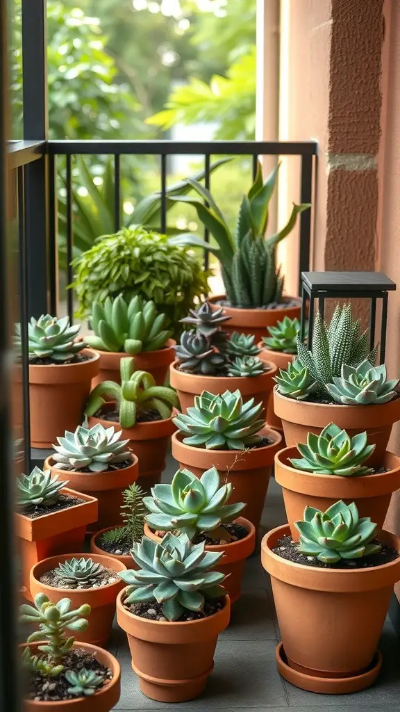 A collection of succulents in terracotta pots arranged on a balcony