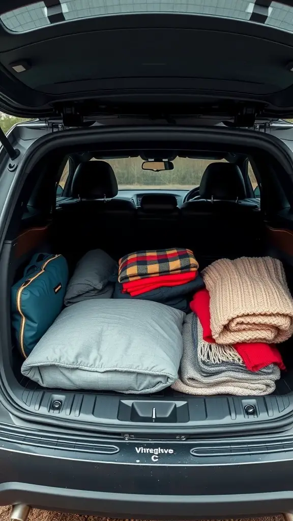 25+ Clever Car Trunk Organization Ideas to Maximize Space 6 Organized car trunk with vacuum-sealed bags containing blankets and pillows.