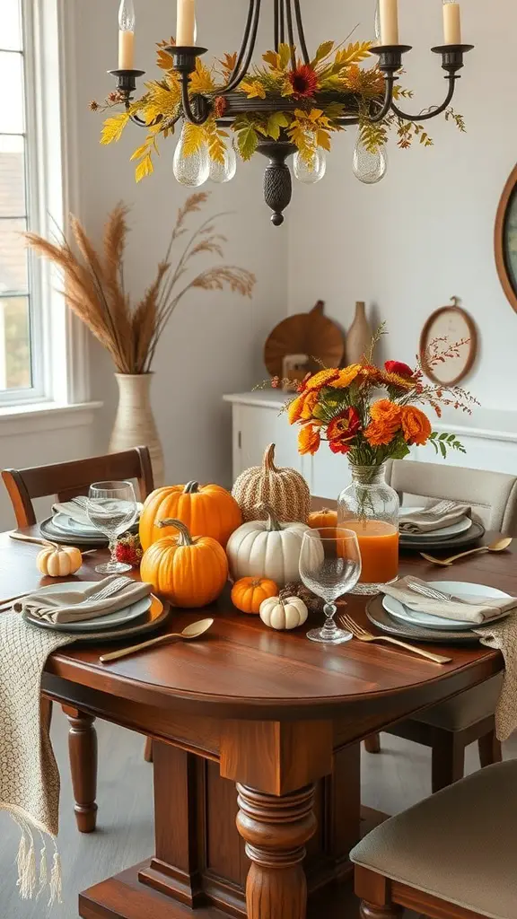 25+ Must-Try Fall Crafts for Adults 14 A beautifully set harvest-themed table with pumpkins, flowers, and cozy decor.