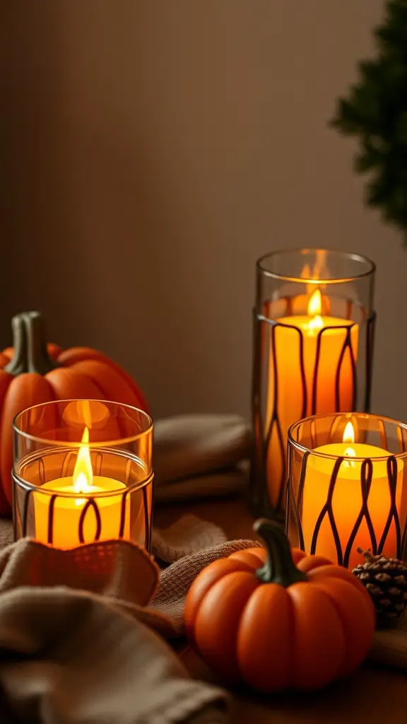 25+ Unique Fall Pumpkin Crafts to Try This Season 4 Cozy pumpkin spice candle holders with flickering candles and small pumpkins