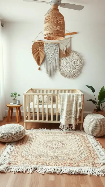 27+ Adorable Gender Neutral Baby Nursery Ideas You’ll Love 13 A cozy gender-neutral baby nursery featuring a wooden crib, textured wall hangings, a patterned rug, and plants.