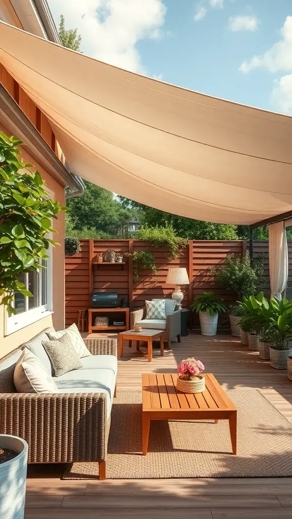 23+ Creative Patio Roof Extension Ideas You’ll Love 14 A cozy patio with a canvas roof, featuring comfortable seating and plants.