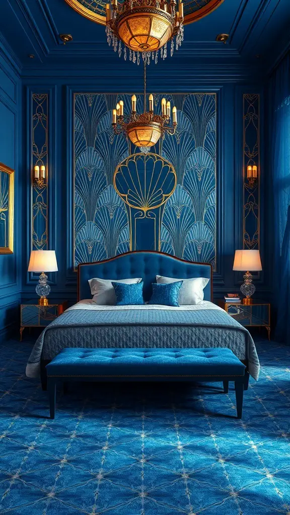 30+ Stunning Blue Bedroom Ideas for a Serene Sanctuary 14 Luxurious Art Deco blue bedroom with intricate patterns and elegant furnishings