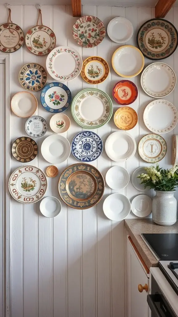 21+ Enchanting Cottagecore Kitchen Ideas to Transform Your Space 19 A collection of decorative wall plates in various colors and designs arranged on a kitchen wall.