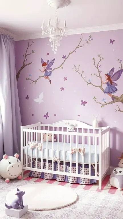 29+ Adorable Purple Nursery Ideas for Your Little One 6 A nursery decorated with fairy tale themes, featuring lavender walls, fairy decals, and a cozy crib.