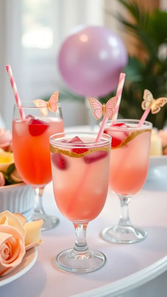 Three butterfly-themed drinks with pink hues and butterfly decorations