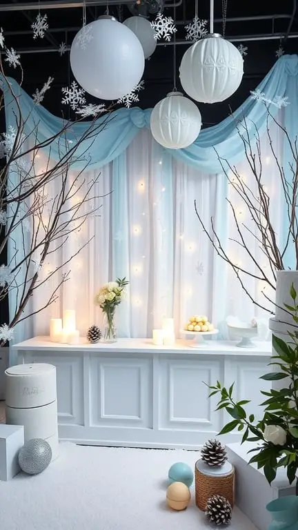 23+ Unique January Baby Shower Themes You’ll Love 4 A beautifully decorated winter wonderland baby shower setup with blue drapes, white lanterns, and snowflakes.