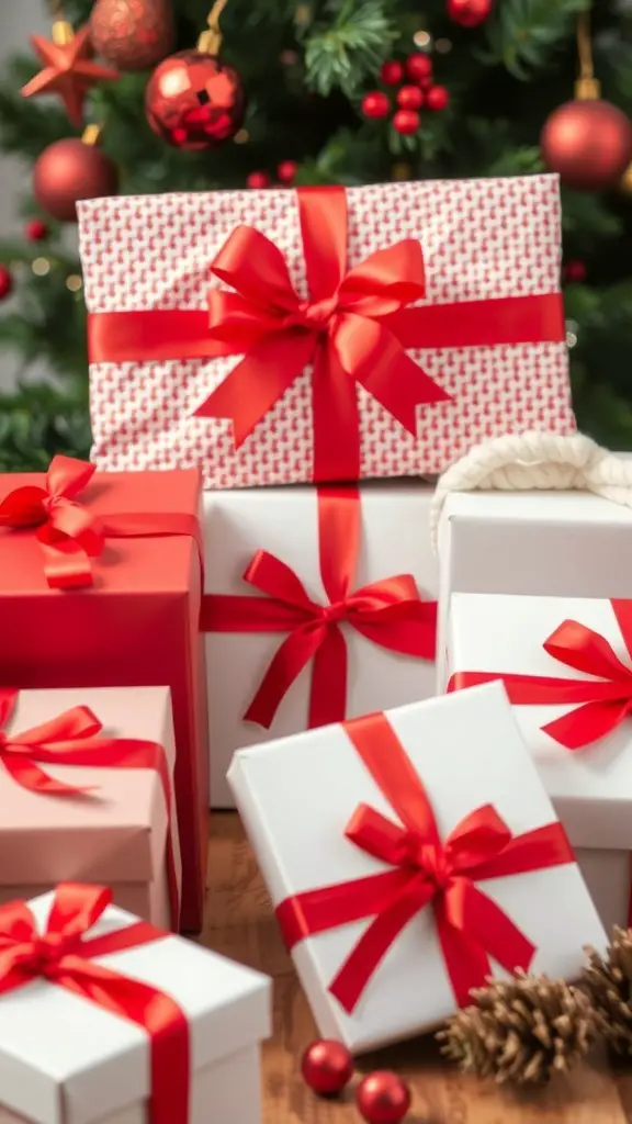A collection of red and white wrapped gifts with ribbons, set against a Christmas tree backdrop.