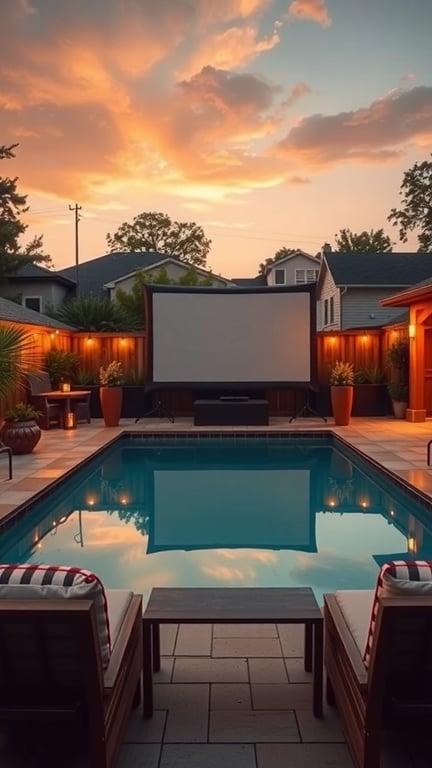 37+ Stunning Backyard Pool Design Ideas to Transform Your Outdoor Space 12 Outdoor movie screen set up by a pool at sunset