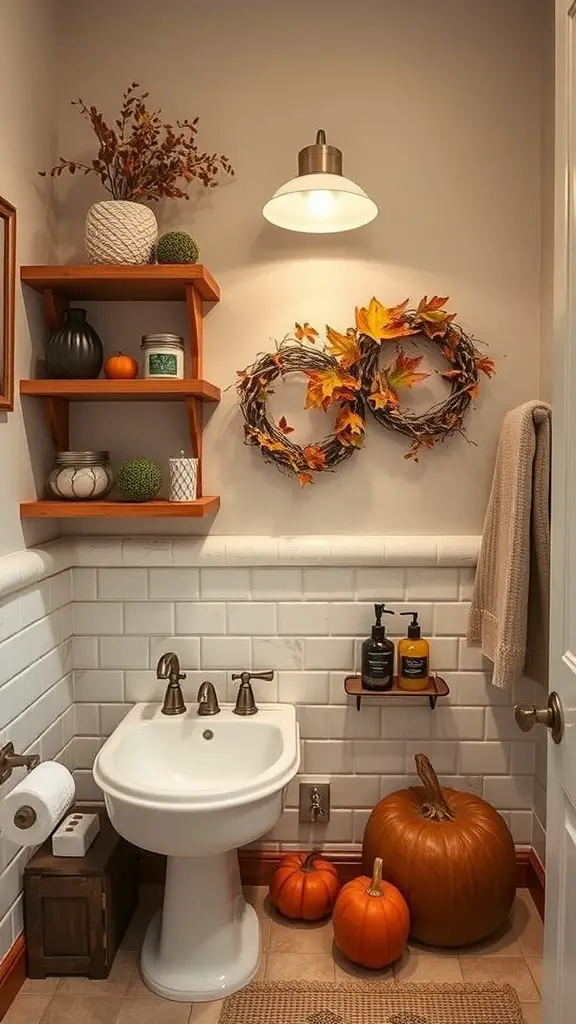 21+ Charming Fall Bathroom Decor Ideas to Transform Your Space 4 A cozy bathroom with rustic wooden accents, featuring a wooden shelf, pumpkins, and autumn decor.