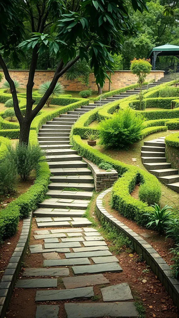 19+ Inspiring Terraced Landscaping Ideas for Your Outdoor Space 4 A terraced garden with winding stone pathways surrounded by lush greenery.