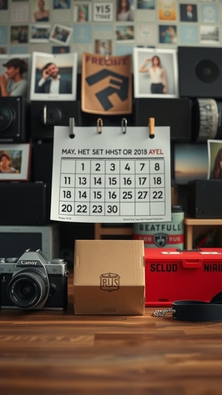 17+ Essential Tips for Organizing Your Photo Storage 11 A camera, calendar, and storage boxes on a wooden table, symbolizing the importance of photo backups.