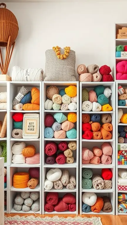 25+ Creative Yarn Storage Ideas for Organizing Your Stash 11 Colorful yarn stored in modular cubes, showcasing various shades and textures.