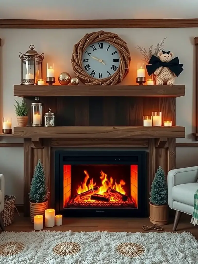 21+ Stunning Electric Fireplace Wall Ideas to Transform Your Space 6 A rustic wood mantel with an electric fireplace insert, decorated with candles, a clock, and small evergreen plants.