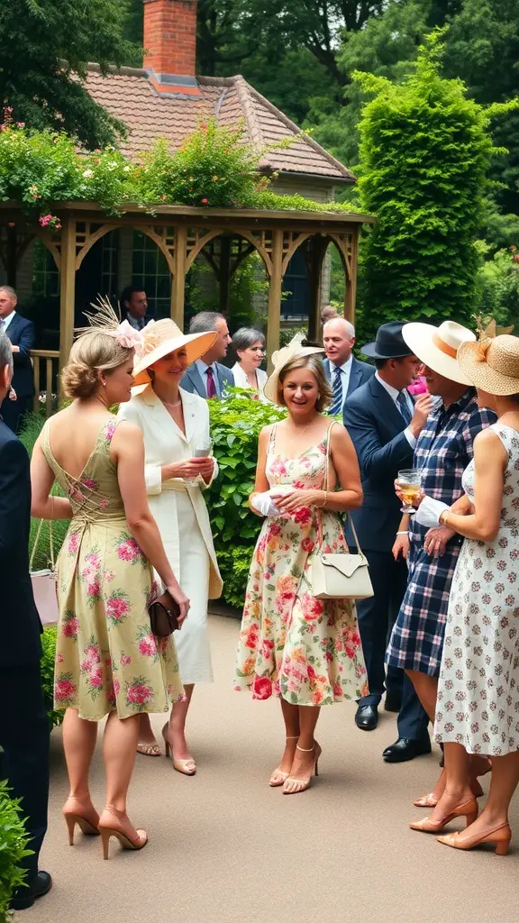 21+ Delightful Garden Tea Party Ideas for Your Next Event 15 Group of women in vintage floral dresses and hats at a garden tea party.