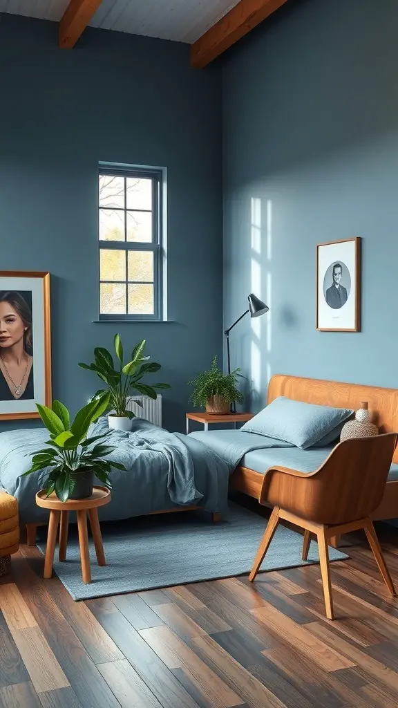 23+ Stunning Blue and Grey Bedroom Ideas You'll Love 11 A cozy blue and grey bedroom featuring wooden furniture and indoor plants.