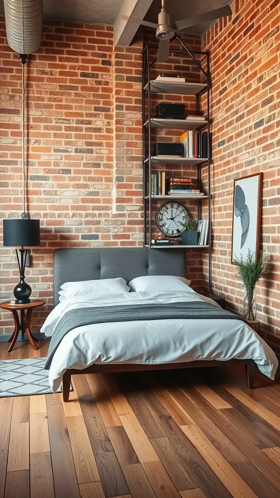 A chic industrial style bedroom featuring a brick wall, wooden floor, and modern furnishings.