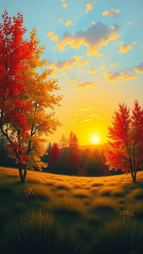 23+ Creative Fall Crafts to Sell This Season 14 A beautiful sunset over a field with colorful autumn trees.