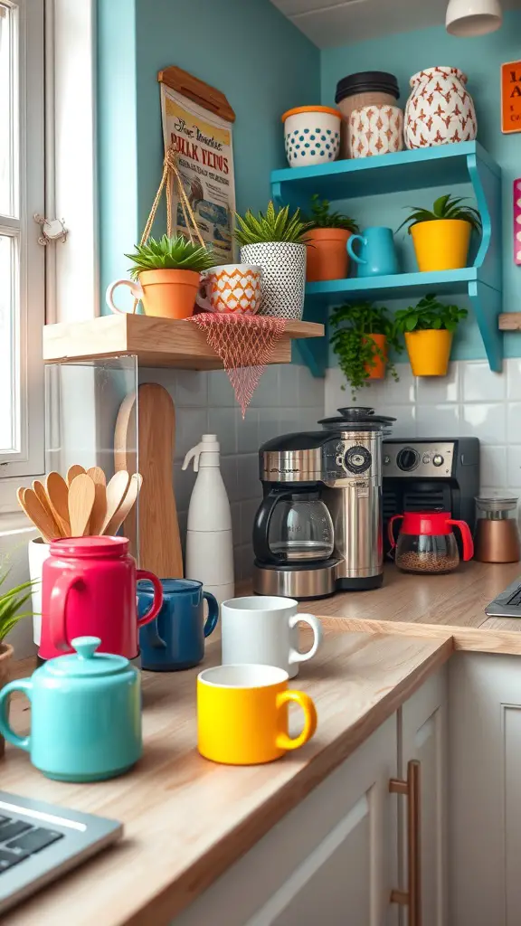 27+ Charming Small Coffee Bar Ideas to Transform Your Space 13 A colorful coffee bar setup featuring vibrant mugs, plants, and a coffee maker.