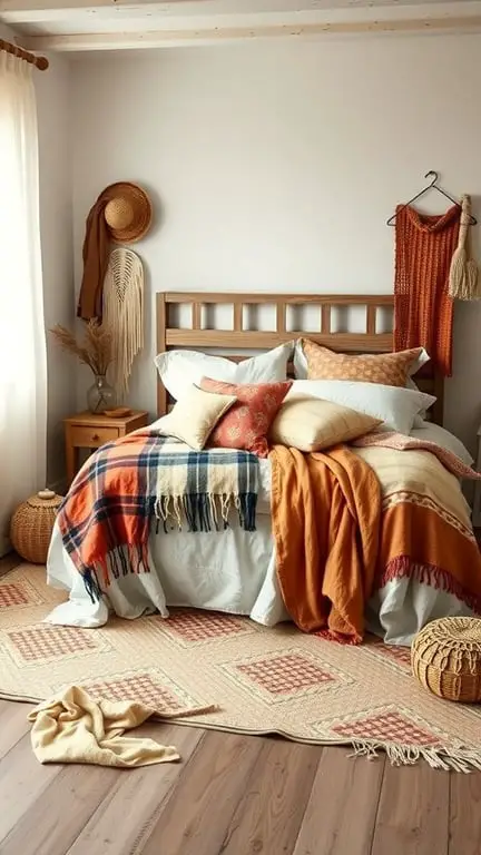 21 Stunning Boho Farmhouse Decor Ideas for a Cozy Home 7 A cozy bedroom with layered textiles including blankets and pillows in warm colors, complemented by natural decor elements.