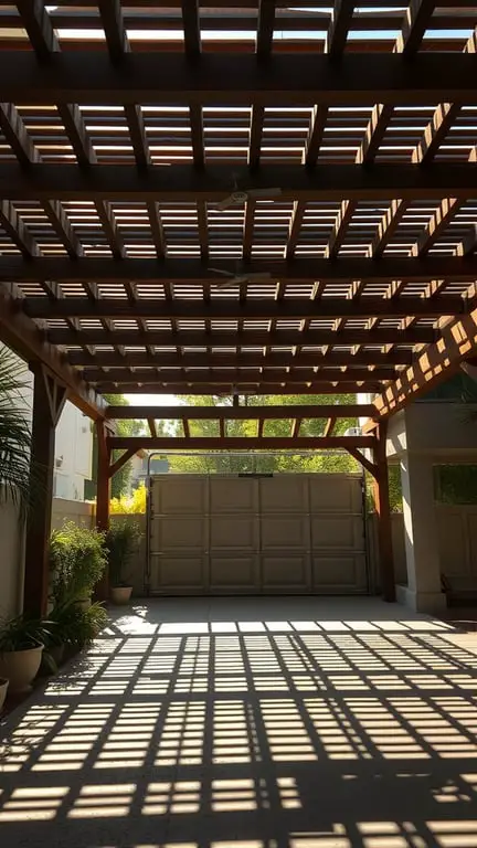 17+ Inspiring Garage Pergola Ideas for Your Outdoor Space 8 A lattice-top pergola design over a garage, showcasing wooden beams and shadows on the ground.