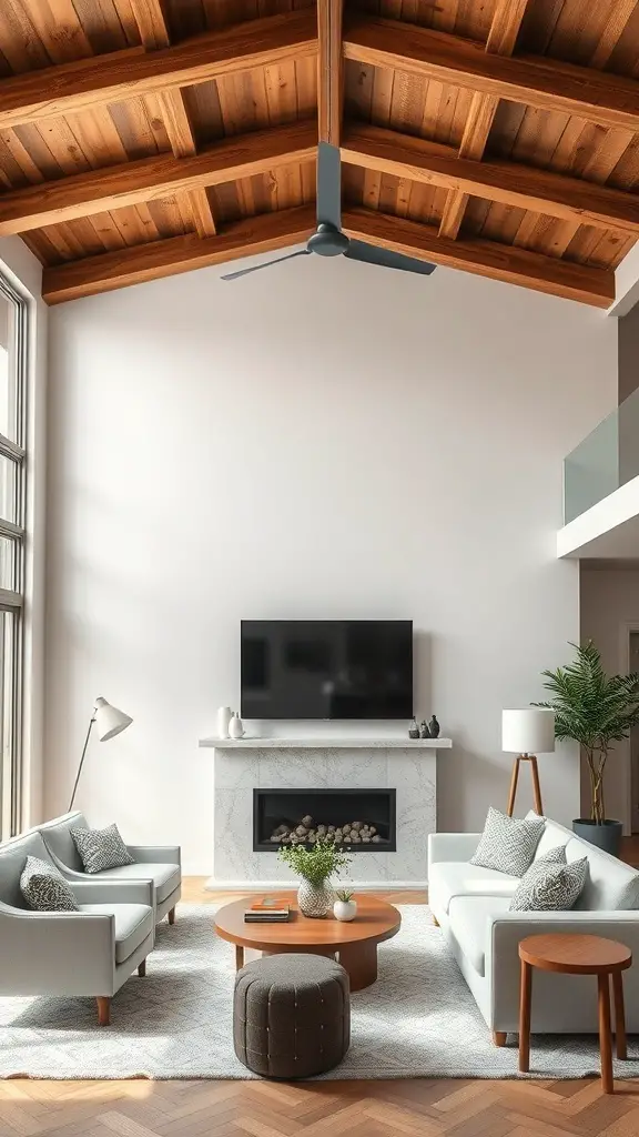 Living room with wooden beam ceiling and drywall walls