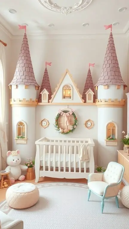 27+ Whimsical Baby Nursery Ideas for a Dreamy Space 4 A whimsical nursery designed like a fairytale castle with pink towers, a crib, and cozy decor.
