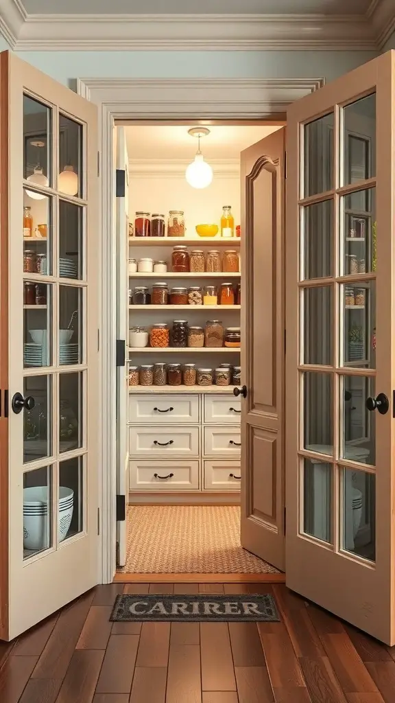 25+ Creative Pantry Door Ideas to Maximize Space and Style 4 A pantry with classic French doors, showcasing shelves filled with jars and containers.