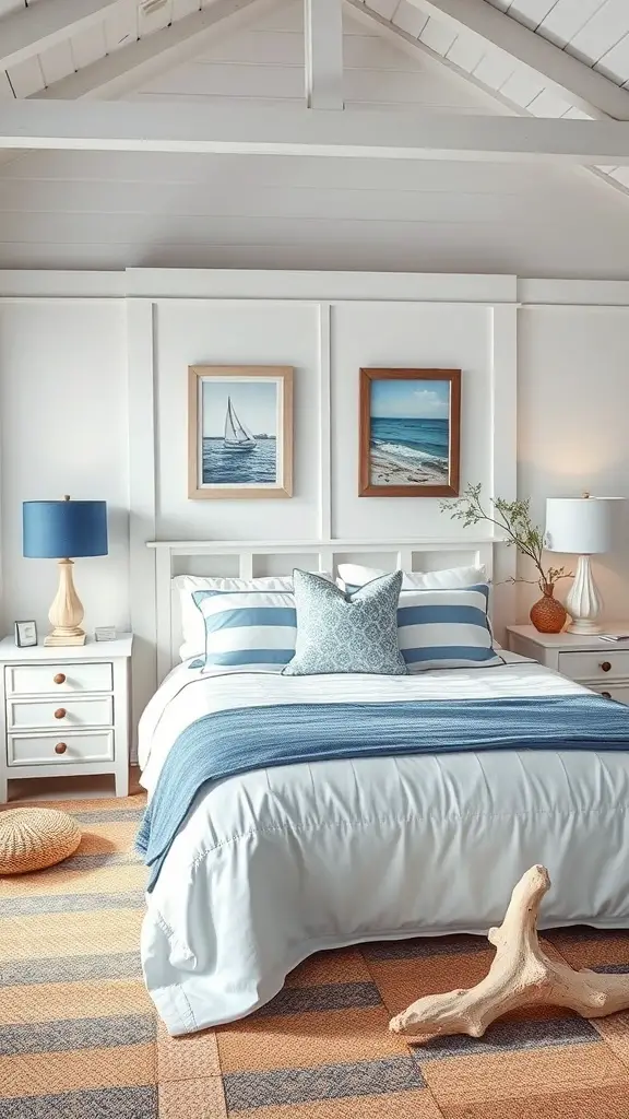 A coastal-inspired bedroom with blue and white decor, featuring a bed with striped pillows, beach-themed artwork, and natural textures.