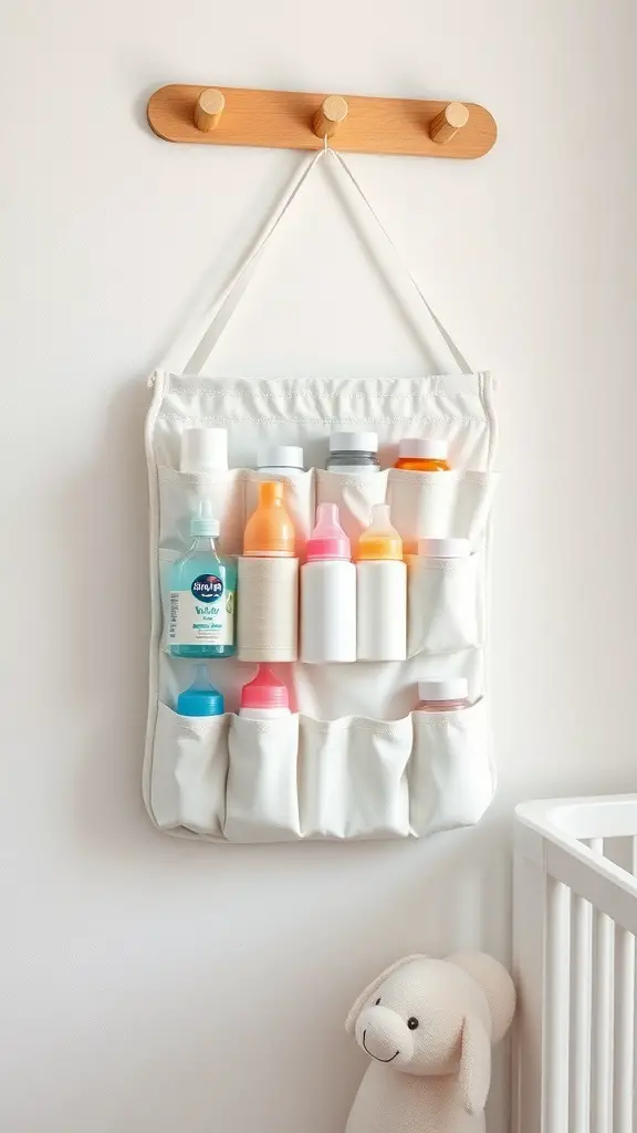 15+ Creative Baby Bottle Organization Ideas for a Clutter-Free Space 5 Hanging bottle organizer with colorful bottles on a wall