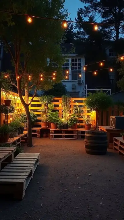 21+ Creative Pallet Garden Ideas You Need to Try 16 A cozy pallet garden illuminated with string lights, showcasing plants and seating.