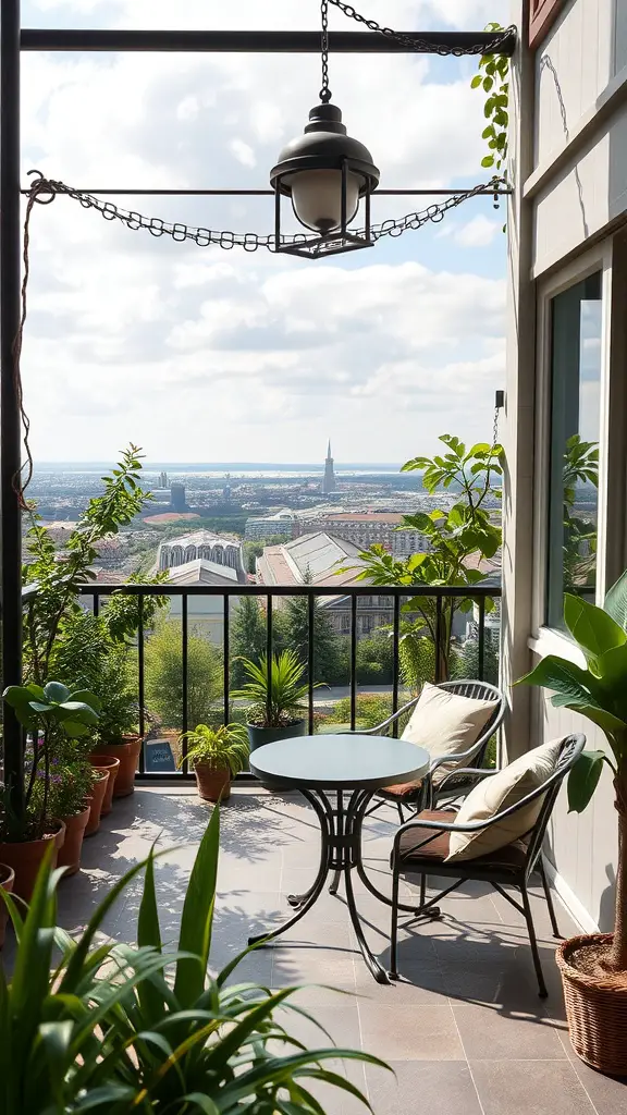 21 Unique Coffee Corner Ideas to Enhance Your Home Decor 11 A cozy outdoor patio with a small table, chairs, and plants, overlooking a scenic view.