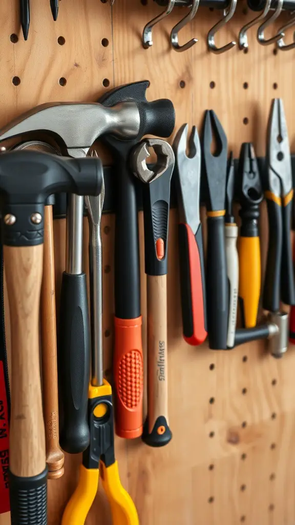 A collection of essential tools including hammers, pliers, screwdrivers, and a utility knife arranged on a wall storage board.