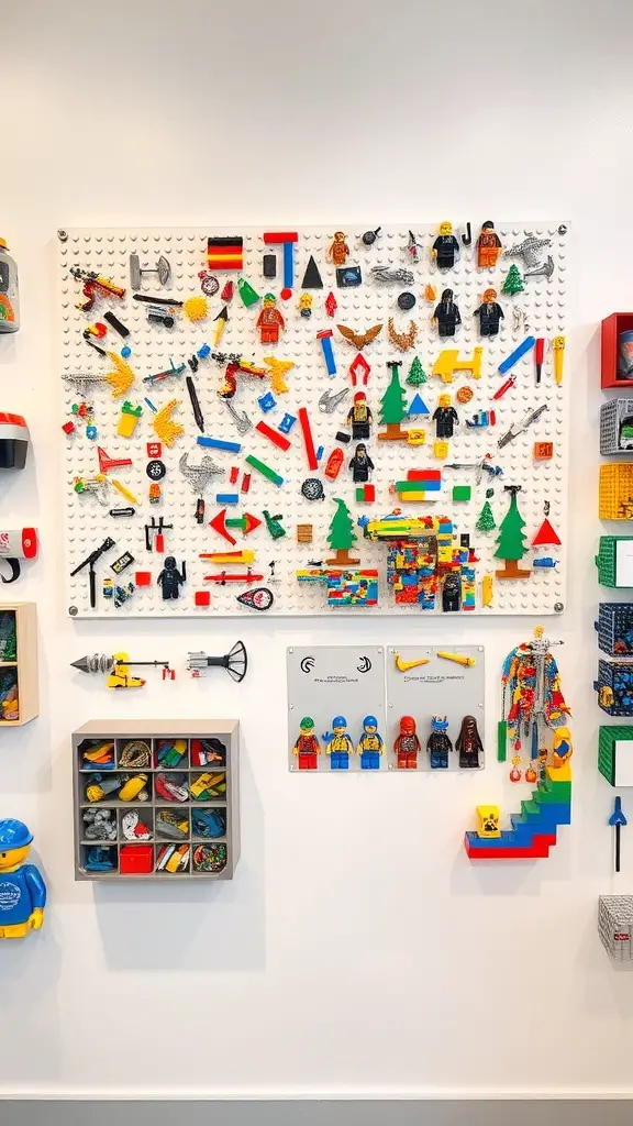 19+ Creative LEGO Organization Ideas for a Tidy Space 4 A colorful wall-mounted LEGO board filled with various LEGO pieces and mini-figures.