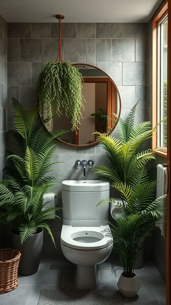 37+ Best Indoor Plants for Low Light Living Spaces 11 A bathroom with a hanging fern and potted ferns beside a toilet, creating a lush green environment.