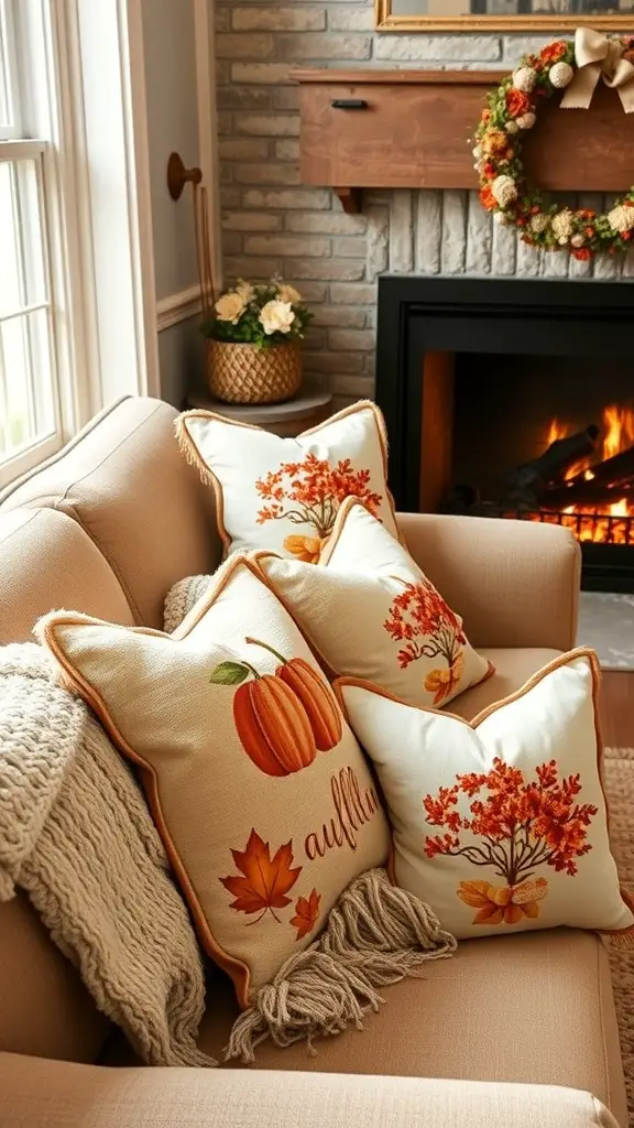 A cozy living room with autumn-themed throw pillows featuring pumpkins and leaves.