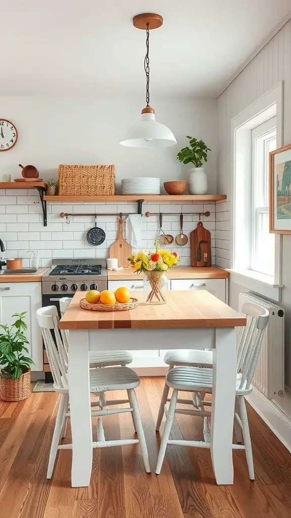 A cozy small cottage kitchen featuring a wooden table with chairs, open shelving, and decorative plants.