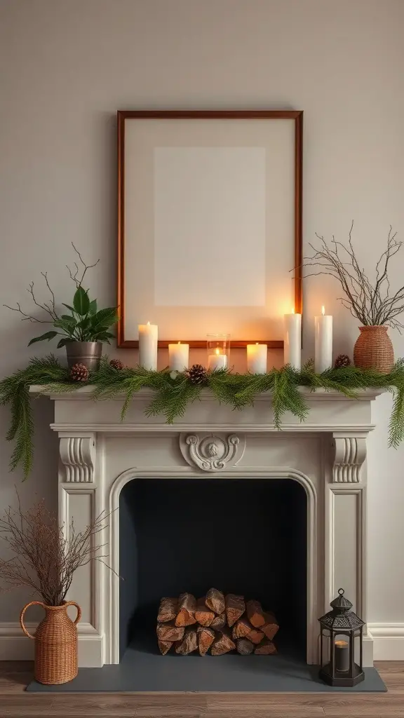 25+ Cozy Living Room Fireplace Ideas for a Warm Atmosphere 4 A stylish living room mantel decorated with candles, greenery, and rustic elements.