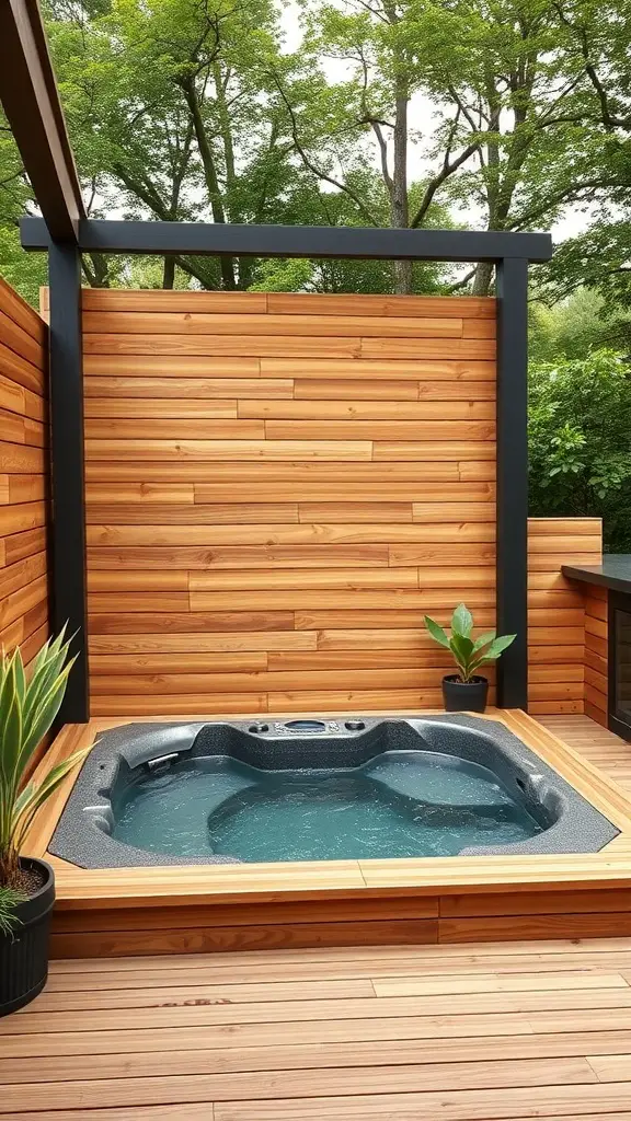 23+ Stunning Hot Tub Deck Designs to Elevate Your Outdoor Oasis 13 A hot tub deck featuring a wooden privacy screen and surrounding greenery.
