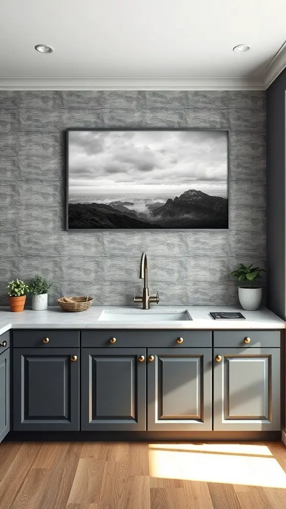 27+Creative Ideas for Decorating Space Above Kitchen Cabinets 16 A modern kitchen with a black and white landscape painting above the cabinets, featuring plants and a stylish sink.
