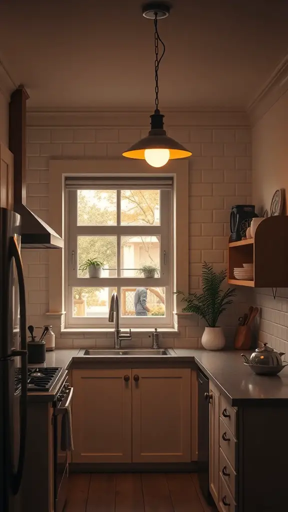 A cozy small cottage kitchen featuring a pendant light above the sink and a large window with plants.