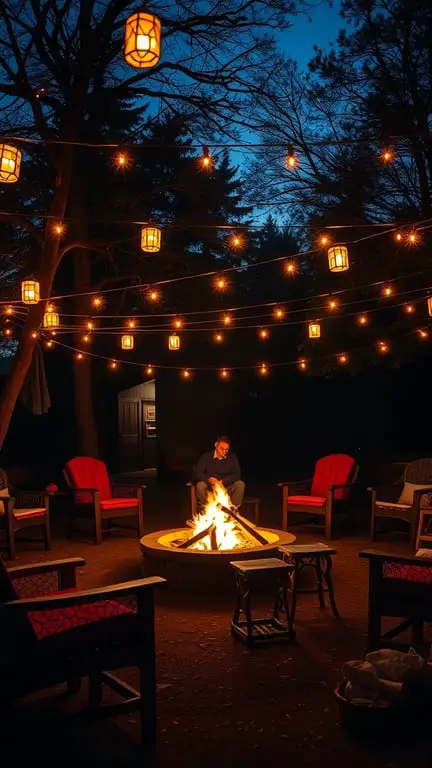 21+ Stunning Firepit Backyard Landscaping Ideas You’ll Love 11 A cozy backyard with a firepit, surrounded by chairs and string lights for evening gatherings.
